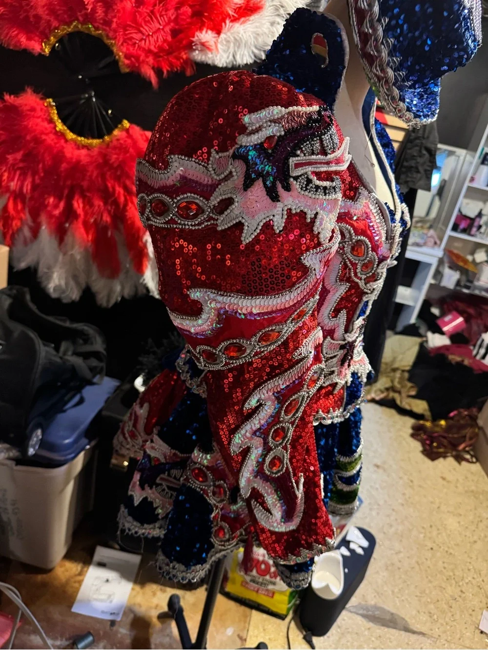 Blue & Red Sequin Costume with Embroidered Dragons